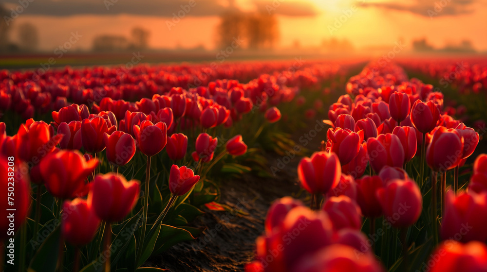 field of tulips at sunset. Generative AI