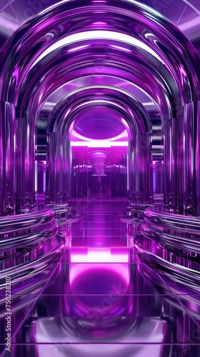 Futuristic purple corridor with arched structures. 3D render of an architectural interior with metallic reflections and ambient neon lighting.
