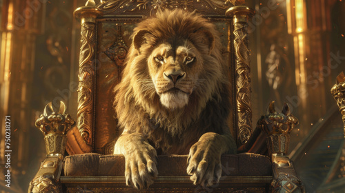 The lion king is sitting on a throne. Symbol of royalty  lord of the animal kingdom.