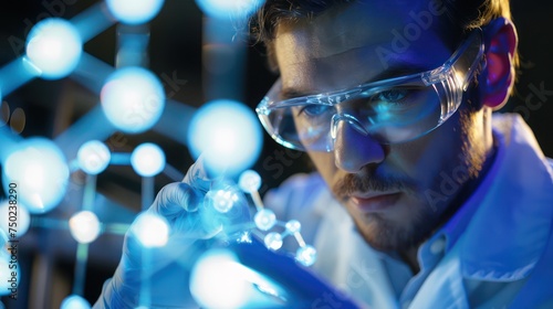 A photo of a scientist touching molecule structure