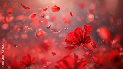 A red five leaf flower in the foreground, with red petals falling from the air, was captured by an award-winning photographer in high-definition format