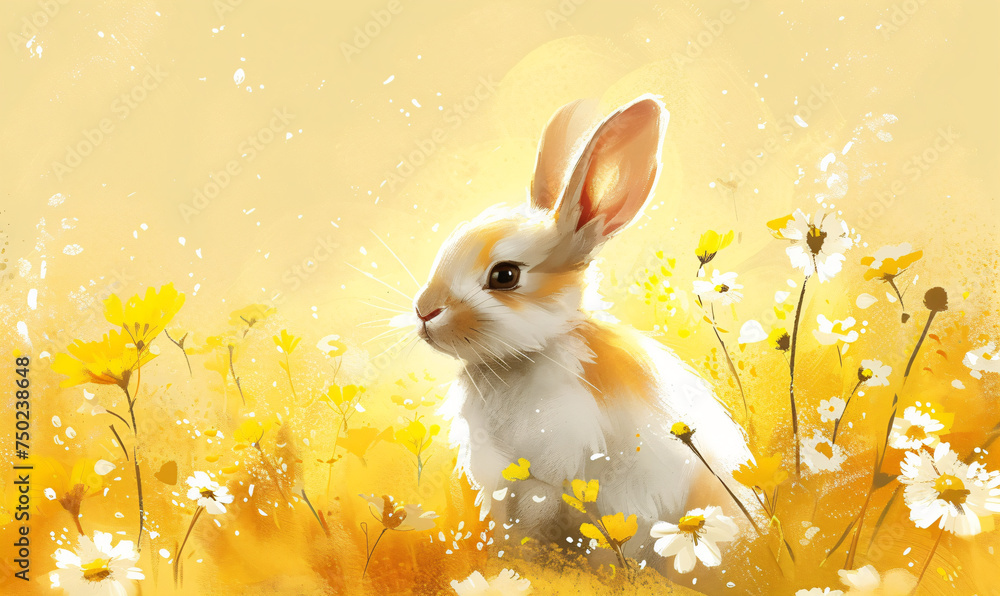 Fototapeta premium Illustration of cute fluffy rabbit sitting on spring field with flowers and grass. Happy Easter. Cartoon character for nursery, baby shower. Background, card, banner with copy space