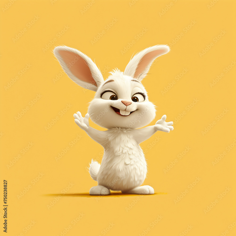 Fototapeta premium White bunny jumping and dancing on yellow background. Cute and funny cartoon character. Easter rabbit. Illustration for design greeting card, banner, sticker