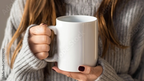 Close up of a white mug in the hands of a woman in a gray sweater.