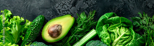 Green vegetables banner on dark black background cabbage, broccoli, cucumber, avocado, parsley, dill, celery, vegetarian diet vitamin healty meal fitnesы photo