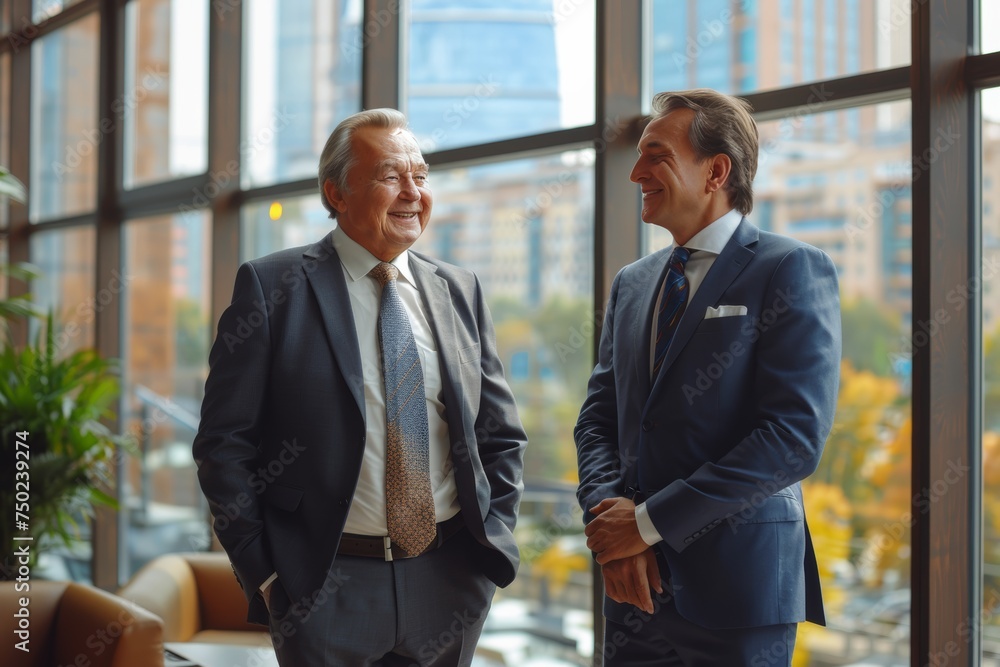 Cheerful colleagues in formal attire engage in business conversations Cheerful colleagues in formal attire engage in business conversations