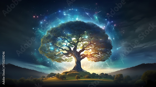 A big tree stands in the middle of the grass, and the sky is shining with stars