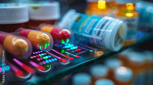 A macro shot of a medication label with a holographic barcode showing how blockchain can enhance the security and authenticity of drug packaging and labeling.