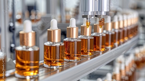 In a spotlessly clean and modern factory, an automated production line meticulously manufactures glossy luxury cosmetic packaging, 