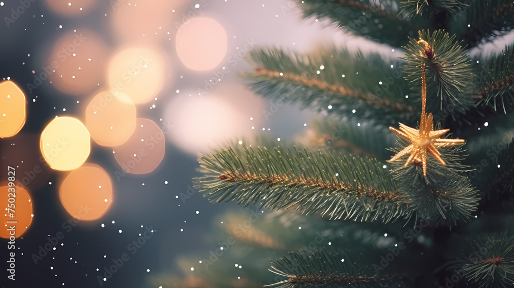 Christmas tree branches with bokeh lights and snowflakes on blurred background Christmas tree branches with bokeh lights and snowflakes on blurred background