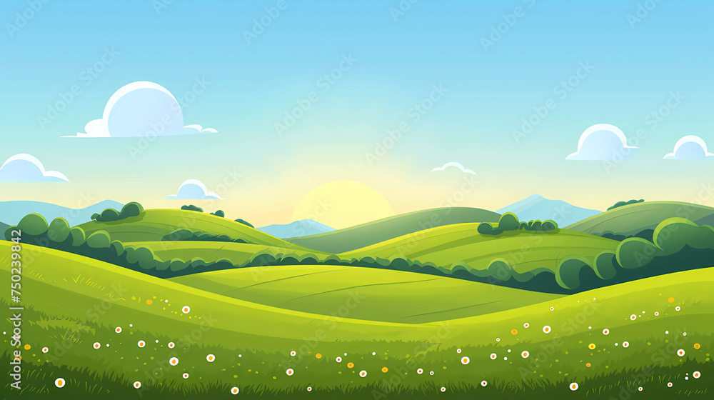 Green fields landscape with mountain and blue sky background.