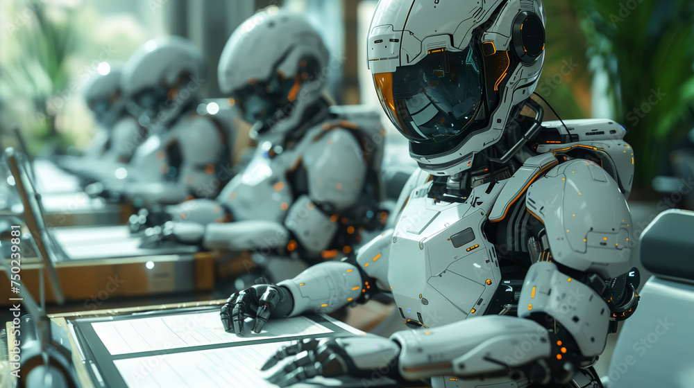 Robots at work, robots in the office, robots busy in a row Robots at work, robots in the office, robots busy in a row