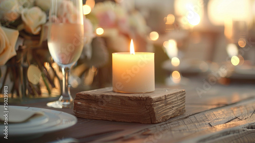 A flickering candle sits atop a worn distressed wooden block adding a warm glow to each place setting.