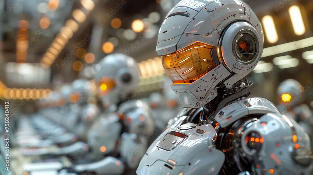 Fototapeta premium Robots at work, robots in the office, robots busy in a row