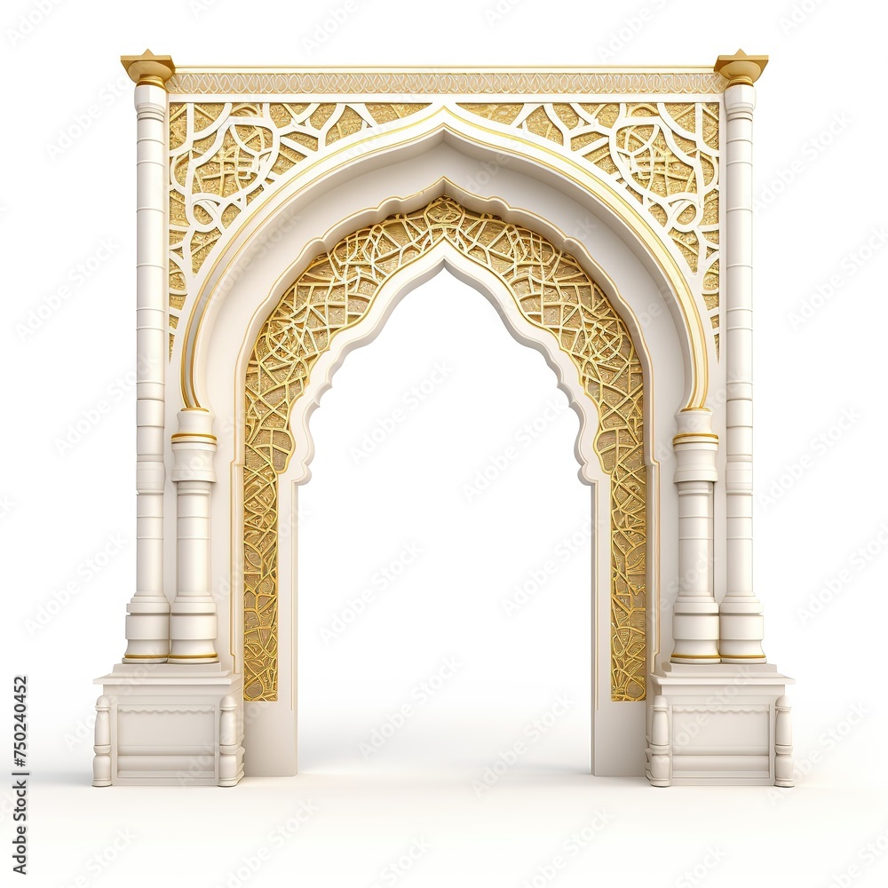 Arabic portal with gold ornament on a white background, 3d rendering, Ai generated