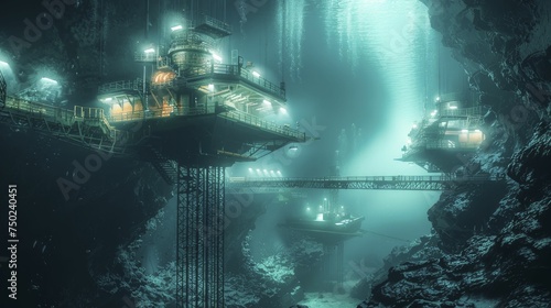 An immersive marine adventure unfolds in a deep sea scene with sunken platforms for gear and exploration. © Kanisorn