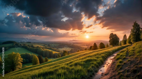Sundown Scenery  A picturesque rural landscape with lush green fields  winding roads  and majestic mountains under the colorful sky of a serene sunset  Nature landscape wallpaper. Generative ai