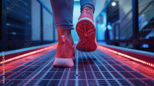 A closeup of a persons feet as they move to complete a virtual obstacle course aiding in balance and gait rehabilitation.