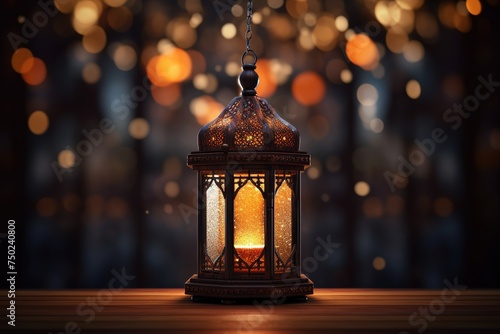 Lantern on wooden table with bokeh background, Ramadan Kareem concept, Ai Generated
