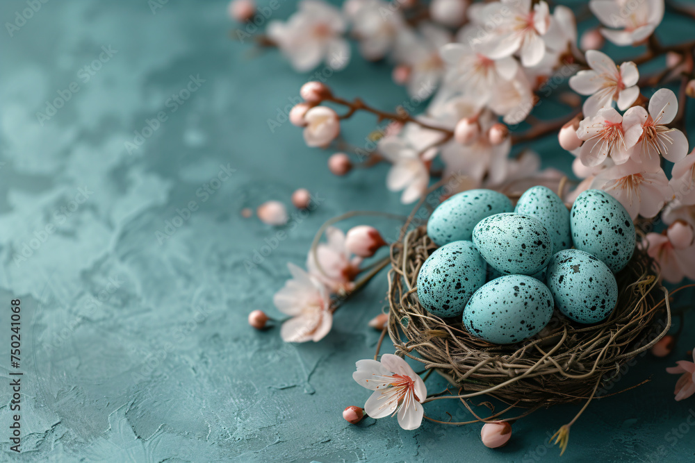 Frame with blue easter eggs in the nest and cherry blossom flowers on ...