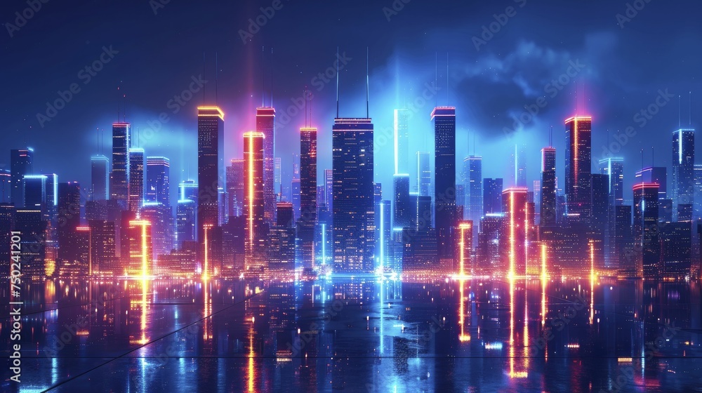 Dynamic abstract urban skyline with lit up platforms for nightlife and entertainment products Dynamic abstract urban skyline with lit up platforms for nightlife and entertainment products