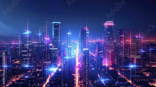 Vibrant cityscape with illuminated platforms for nightlife and entertainment offerings lights up the urban horizon.