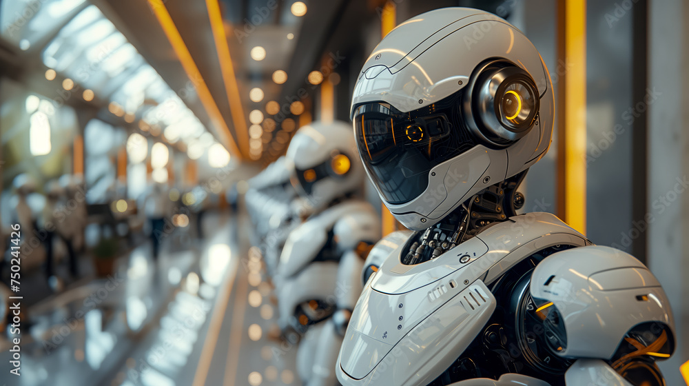 Robots at work, robots in the office, robots busy in a row Robots at work, robots in the office, robots busy in a row