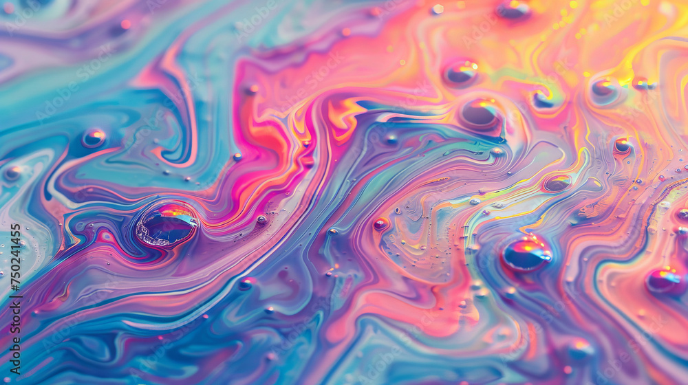 Close-up shot displaying a blend of vibrant iridescent colors flowing into each other in a mesmerizing pattern