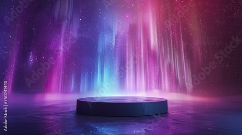 Glowing abstract aurora backdrop with sleek pedestal for captivating product reveals