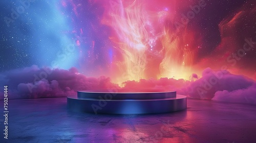 A captivating product reveal set against a glowing abstract aurora backdrop with a sleek pedestal.