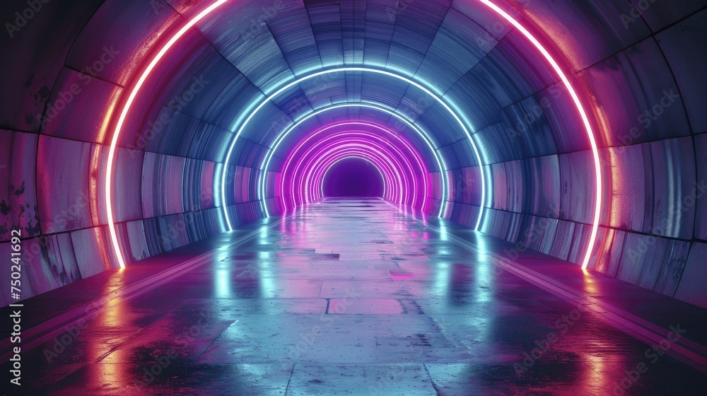 Naklejka premium Neon abstract tunnel with central podium, drawing focus to cutting edge designs.