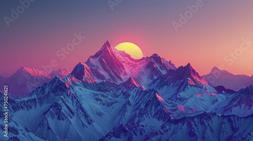 Majestic abstract mountain peaks bask in sunrise glow, perfect for outdoor and fitness products. photo