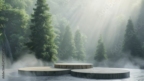 Misty forest setting with eco-friendly wood podiums showcasing natural products in an abstract scene.