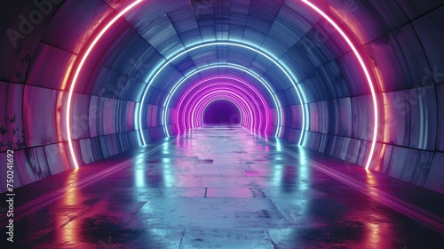 Fototapeta Naklejka Na Ścianę i Meble -  Neon abstract tunnel with central podium, drawing focus to cutting edge designs.