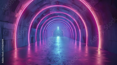 Central podium in neon tunnel highlights cutting-edge designs, drawing focus.