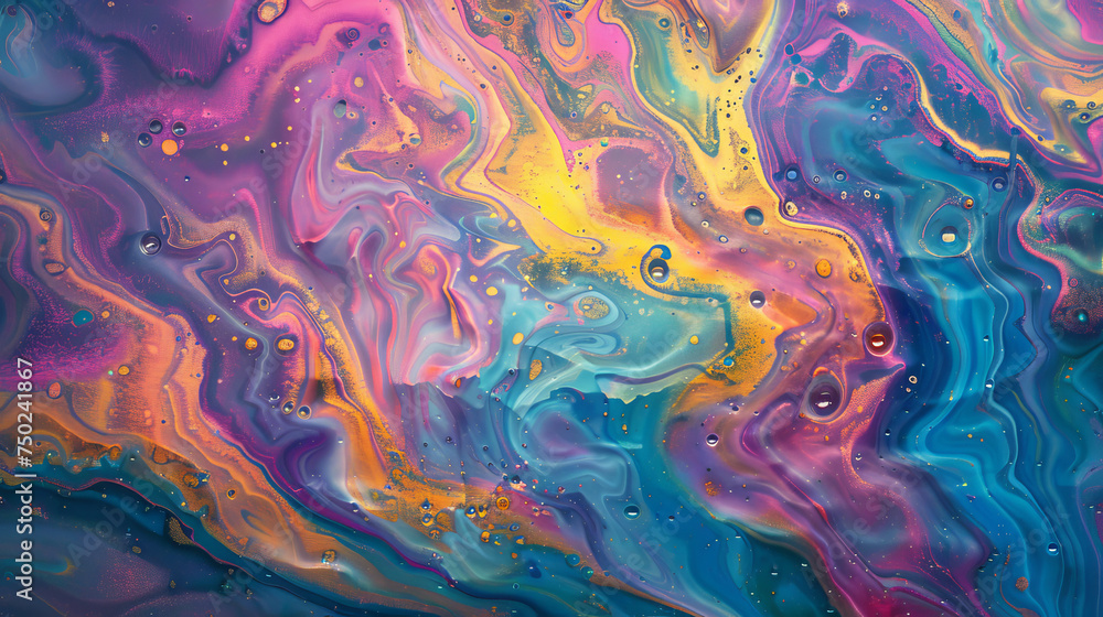Vibrant swirls of pink, blue, and yellow create a mesmerizing abstract design, resembling a psychedelic experience