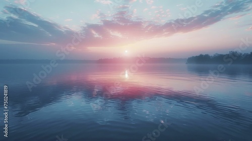 Serene abstract sunrise over a calm lake, ideal for presenting wellness and yoga products.