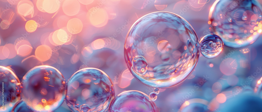 Cool tones dominate this image of transparent bubbles floating against a blue gradient background, invoking serenity