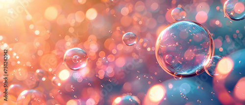 This image captures iridescent bubbles against a bokeh of multicolored lights, exuding a joyful and festive vibe