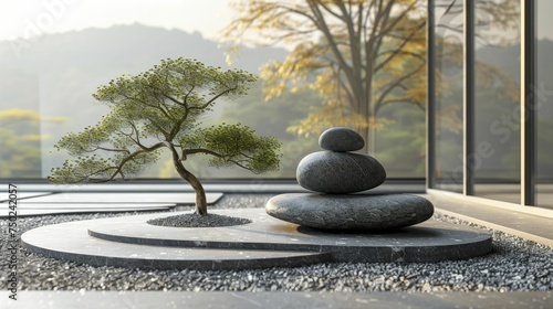 Zen garden with podiums promotes wellness and mindfulness items.