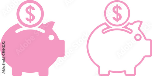 Icon set about piggy bank, piggbank, saving, money, savings, coin. Pink color. Thin line icons, flat vector illustrations. Isolated on white, transparent background	
