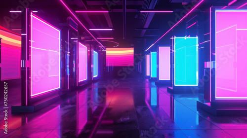 A collection of neon lights and digital billboards in a futuristic setting symbolizing the modernity and technological advancement that comes with a cost to the environment.