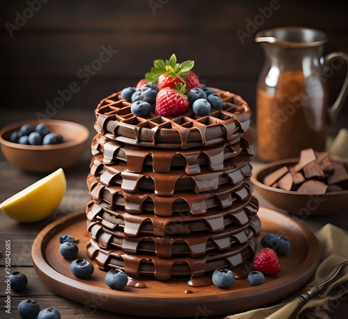 Chocolate waffles with cream and fruits