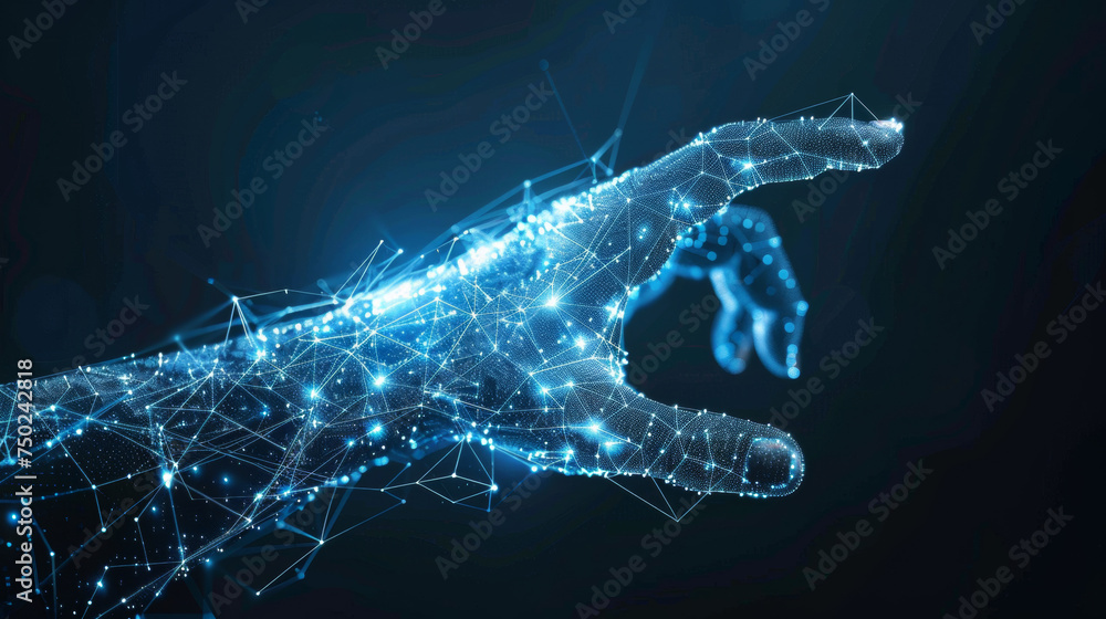 Human hand made by a network of glowing connections. Digital twin, metaverse, internet of things, artificial intelligence, cybersecurity and virtual reality concepts. Human hand made by a network of glowing connections. Digital twin, metaverse, internet of things, artificial intelligence, cybersecurity and virtual reality concepts.