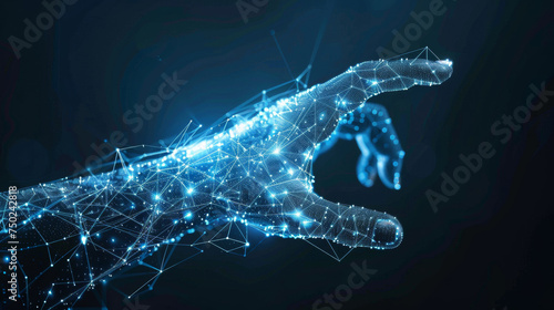 Human hand made by a network of glowing connections. Digital twin, metaverse, internet of things, artificial intelligence, cybersecurity and virtual reality concepts.