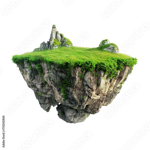 3D Illustration of Flying Paradise Rock Floating Island with Green Grass Field Isolated with PNG Image Vector Illustration