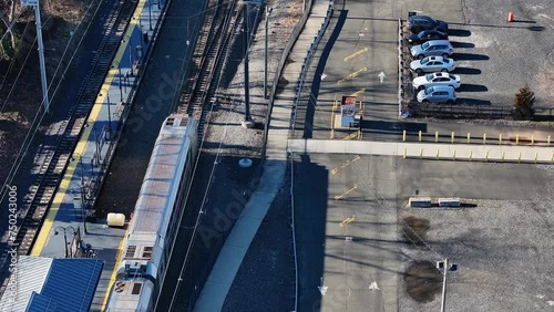 Aerial view of a train leaving the station in South Amboy, New Jersey