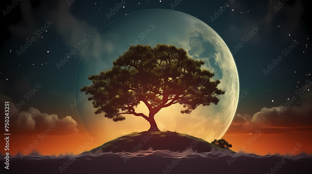 A lone tree stands in an empty field under a starry night sky A lone tree stands in an empty field under a starry night sky
