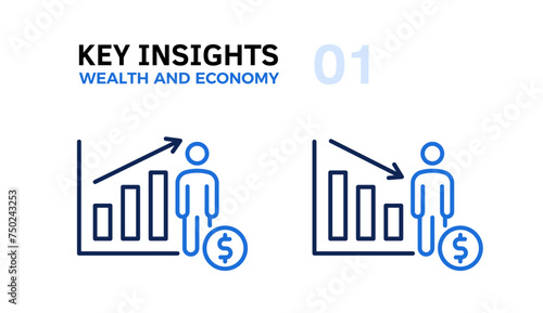 Wealth and Economic Performance: Man with Money Symbol Thin Line Icon, Vector Illustration of Economy and Economic Growth and Development and Finance Graphs Going Up and Down with an Arrow