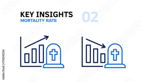 Mortality Rate Trends Analysis: Graphics Going up and Down with an Arrow and Tombstone Thin Line Icon, Vector Illustration of Health and Death Rate Statistics Graphic